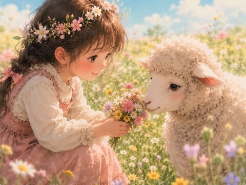 花束を手に羊と見つめ合う少女 水彩パステルイラスト