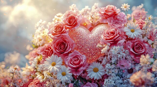 A sparkling heart surrounded by pink roses and daisies, creating a dreamy, romantic scene, AI generated