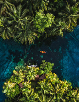 Aerial view of Danau Paisu Pok Luk Panenteng featuring a small boat floating on clear blue water surrounded by lush palm trees in Bulagi Utara, Central Sulawesi, Indonesia.