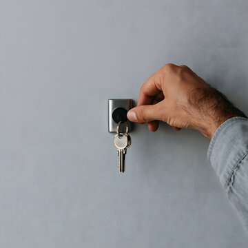 Anonymous hand returning spare house key to magnetic wall hook as part of organized home routine