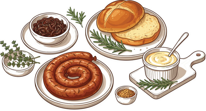 Grilled spiral sausage vector illustration set with artisan bread buns caramelized onions and gourmet sauces for rustic restaurant menu design