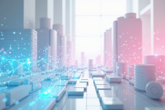 Futuristic Abstract Cityscape with Digital Network Connections and Glowing Particles