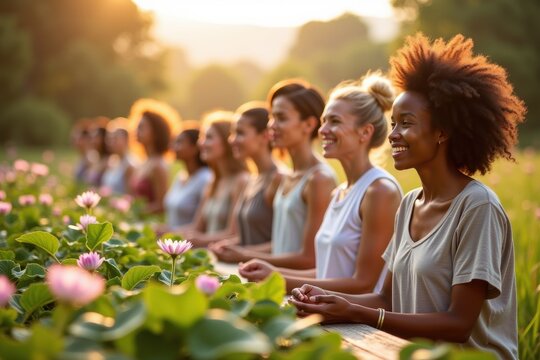 Diverse group of smiling women sitting outdoors near lotus flowers at sunset