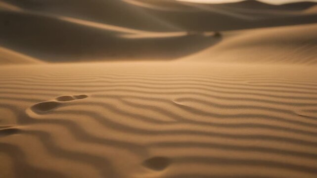 Desert sand dunes texture with wind blowing and footprints at sunset golden hour, close up view