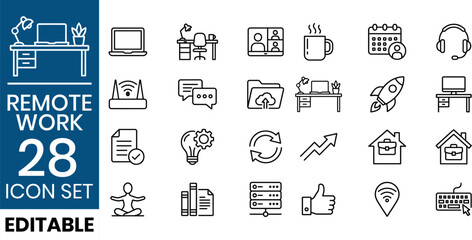 Fototapeta premium Remote work icon set editable vector graphics for telecommuting and online business