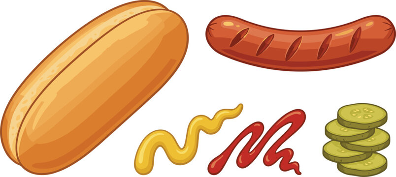  Hot dog ingredients vector illustration set with grilled sausage bun mustard ketchup and pickle slices for fast food restaurant menu design