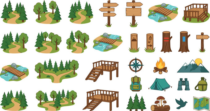 Hiking and camping trail creator kit vector icons with forest paths wooden signs bridges and tents for outdoor tourism map infographic design