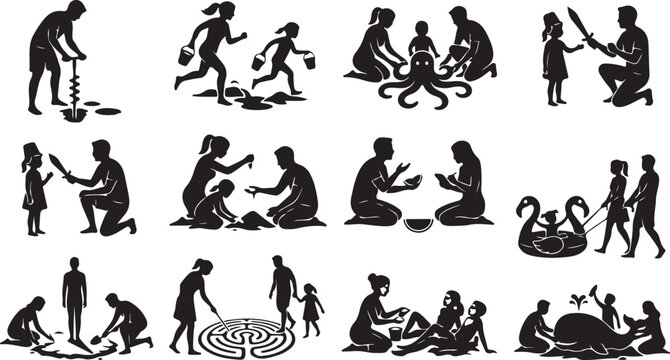 Set of silhouettes of a family on vacation, parents and children playing on the beach, summer activities, vector illustration