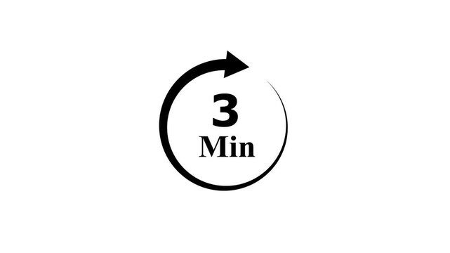 Three minute countdown timer with black circular arrow graphic on pure white background clock minutes circle time motion clock minutes circle time motion