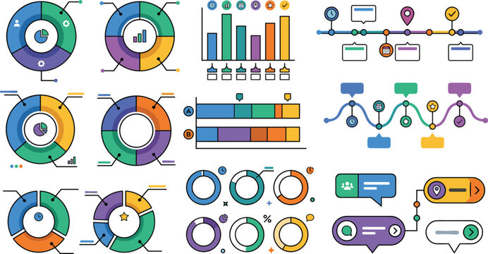 Infographic design elements vector set featuring colorful circle diagrams bar charts and timeline flows for business data visualization marketing presentations