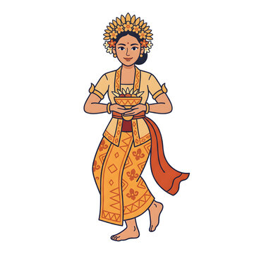 Balinese Woman Performing Traditional Pendet Dance in Authentic Costume Flat Vector Illustration