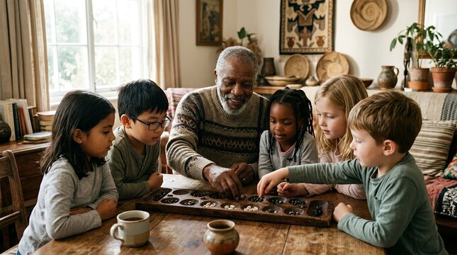 Grandfather teaching mancala to diverse grandchildren.