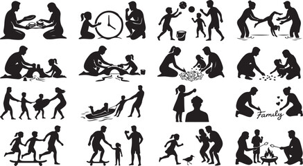 Obraz premium Set of silhouettes of a happy family spending time together, parents and children playing and having fun
