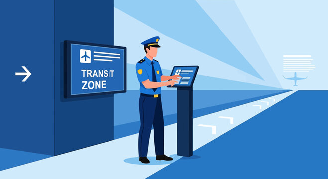 Airport Transit Zone Security Guard Checking Passport at Desk
