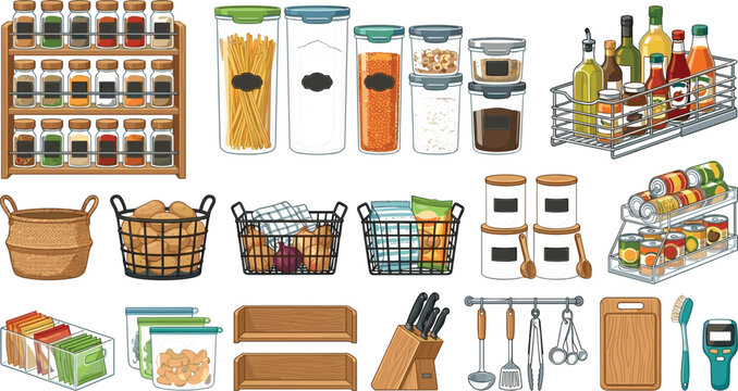Kitchen pantry organization and food storage vector illustration set featuring spice racks containers baskets and jars for home tidying marketing design