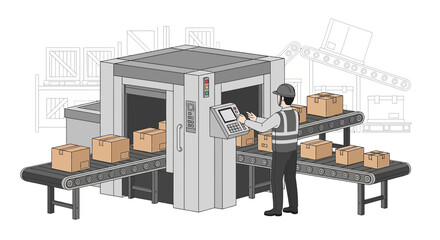 Fototapeta premium Automated Warehouse Conveyor Belt System with Worker and Scan Machine