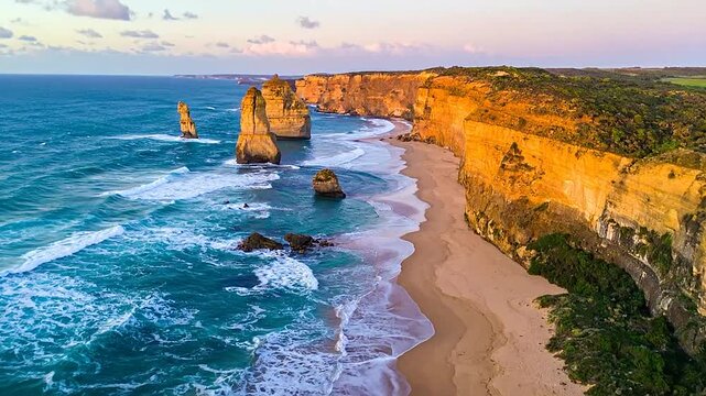 Tall limestone sea stacks rise from the blue ocean at sunset