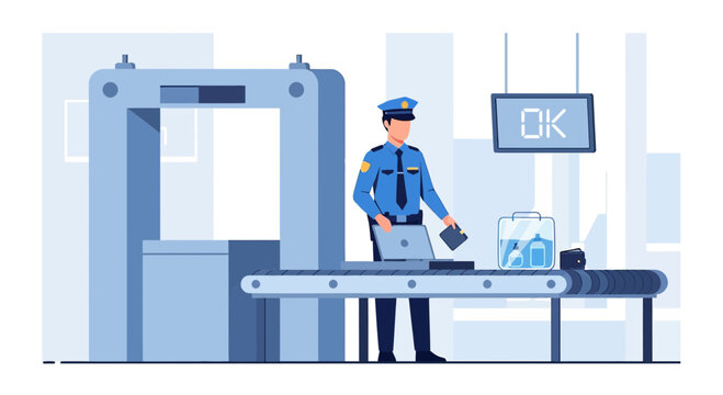 Airport security screening checkpoint with officer and luggage scanner