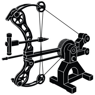 Professional compound bow on metal stand for archery training equipment set.