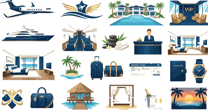 Luxury travel and VIP tourism vector illustration set featuring private jet yacht tropical resort hotels baggage and concierge icons for premium vacation marketing