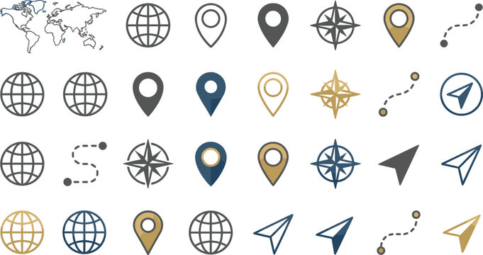 Map navigation and location pin vector icon set featuring world map globe compass rose route line and cursor arrows for travel app interface ui design