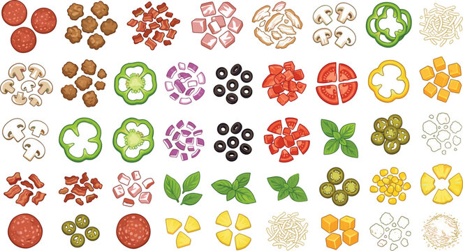 Mega pizza ingredients vector illustration bundle with pepperoni sausage bacon vegetables cheese mushrooms and herbs for commercial menu design