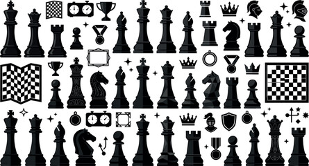 Flat vector illustration set of black chess pieces, tournament champion medals, game boards, strategy clocks, and classic knight armor symbols isolated on white background © Mehedi