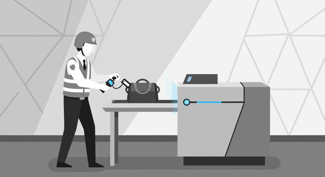 Airport Security Scanner: Guard with Bag and X-ray Machine Illustration