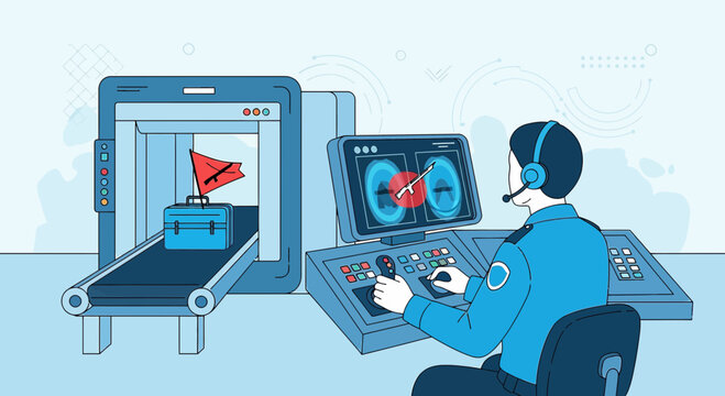 Airport Security Scanner Operator Monitoring Luggage X-Ray Machine