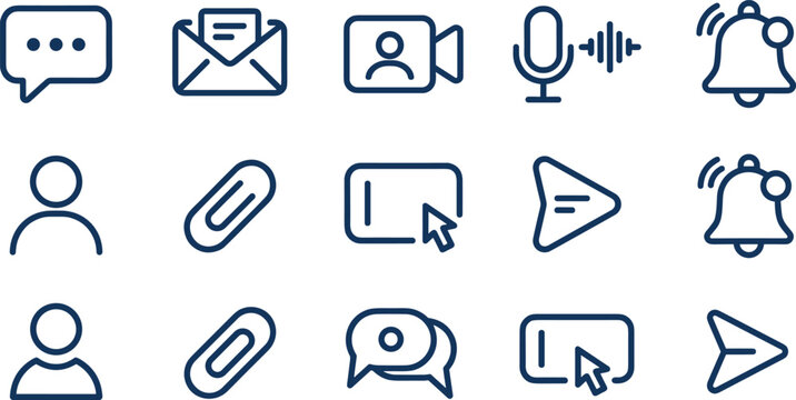 Messaging and communication line icon set featuring chat bubble email video call microphone attachment and notification for mobile app interface design