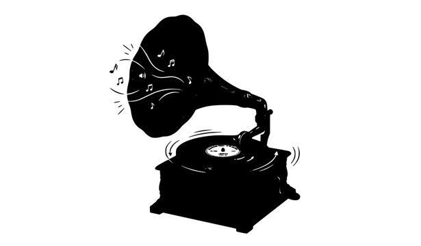 Vintage Antique Gramophone Playing Music Record Player Retro Phonograph Illustration Vector Isolated on White Background