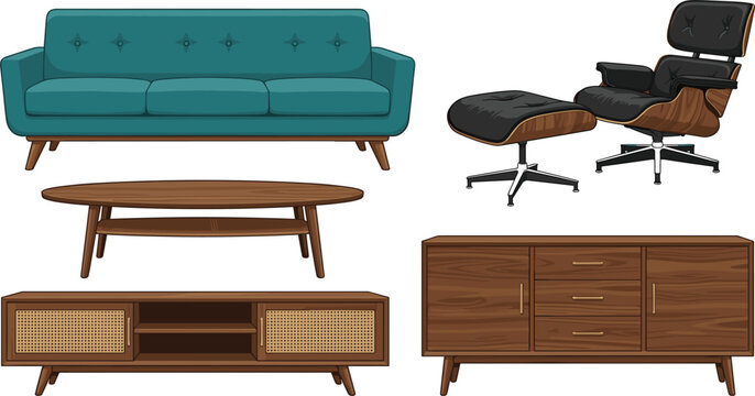 Mid century modern living room furniture vector illustration set featuring teal tufted sofa lounge chair ottoman coffee table and media console cabinet