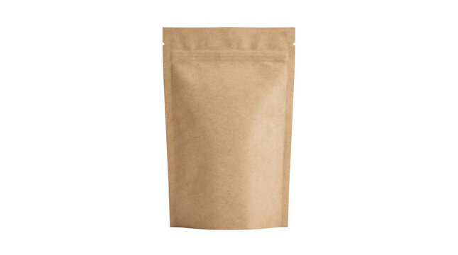 Kraft paper pouch bag mockup with zipper seal isolated on transparent background for food packaging.