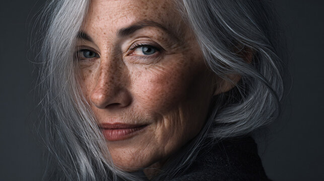 Elegant Wisdom: A distinguished older woman with flowing silver hair and a serene expression embodies grace and experience. Her gaze holds a hint of knowing, hinting at a life richly lived.