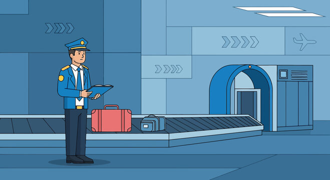Airport security officer scanning luggage at baggage check conveyor belt