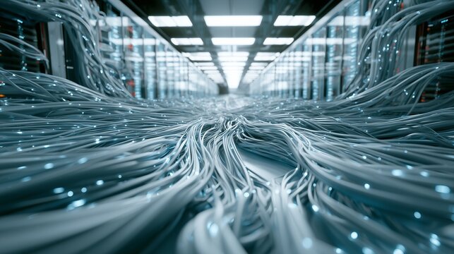 Fiber optic cable tunnel showing high speed data flow for ai infrastructure, low latency connectivity, and a dense digital backbone.
