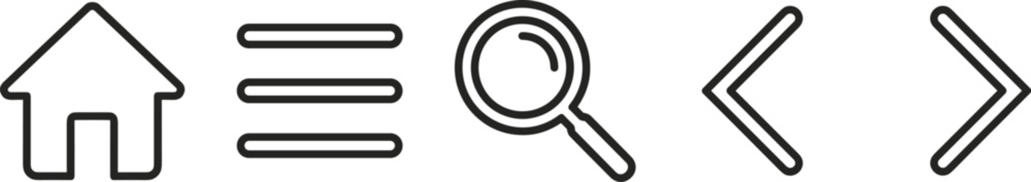 Minimalist website mobile navigation core line icon set featuring home hamburger menu search and arrows for digital application user interface design