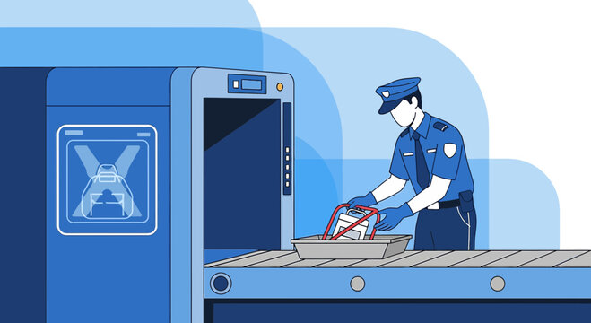 Airport security officer inspects luggage at x-ray scanner