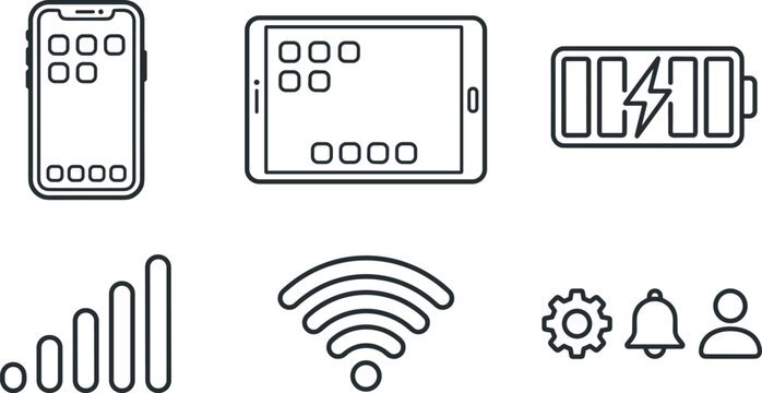 Mobile hardware and system status line icon set featuring smartphone tablet battery charging cellular signal wifi and interface settings for web UI design