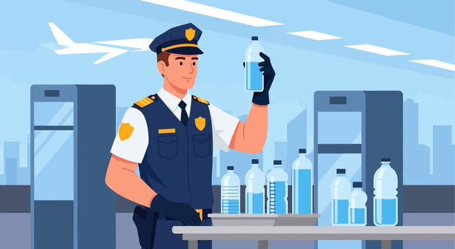 Airport Security Officer Inspecting Water Bottles at Checkpoint