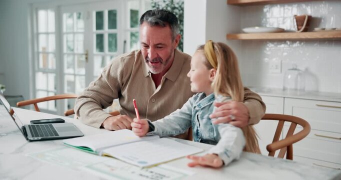 Teaching, child or happy dad with high five in home for education, assessment or learning success. Father, kid or proud mentor with girl student or laptop for good job, well done or tutoring in house