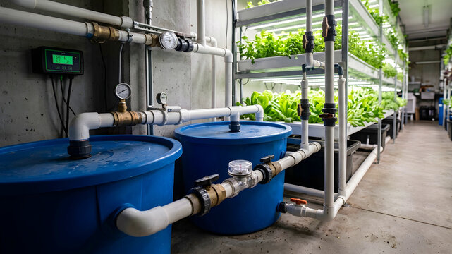 Modern hydroponic farm with advanced water nutrient supply system growing fresh lettuce and herbs in