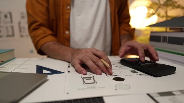 Architect reviewing residential house plans, measuring layouts, calculating dimensions, and inspecting a scale model during home design and construction planning in a professional workspace.