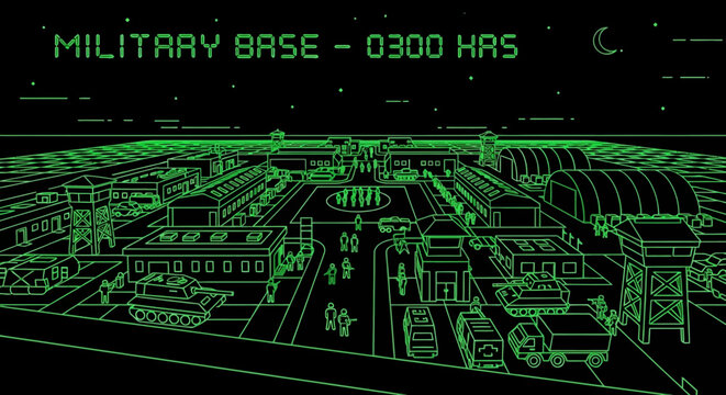 Futuristic Military Base Digital Illustration with Green Neon Lines