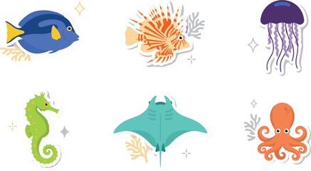 PrintMarine Life Vector Sticker Set with Blue Tang Fish, Lionfish, Jellyfish, Seahorse, Manta Ray, and Octopus Isolated on White Background © Roshidul