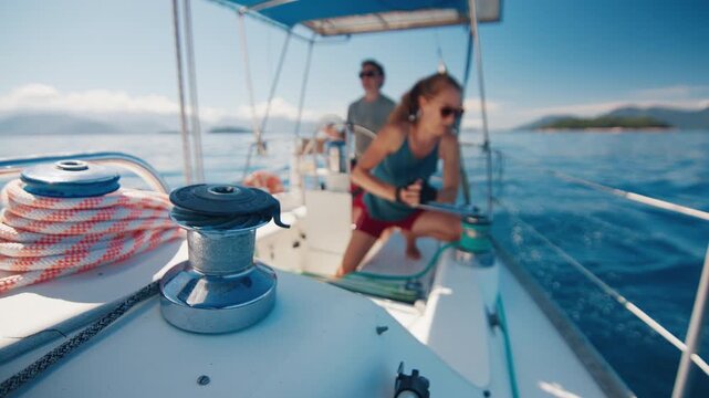 Sailing in the smooth sea during sunny day, woman works with the ropes. Man and woman sail the small sailing boat in the region of the island of Ilha Grande in Brazil