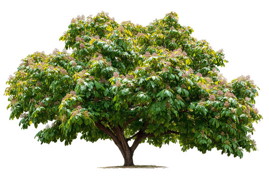 Bur oak tree with textured bark and deep green leaves, isolated on white transparent background