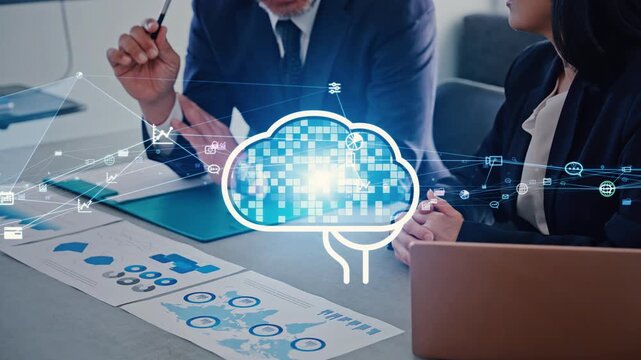 Concept of a group of business professionals holding a meeting in an office and an AI network.