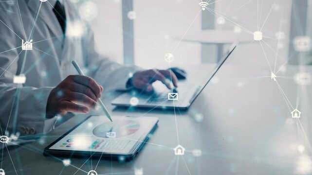 オフィスで作業する白衣の男性とデジタルネットワークのコンセプト