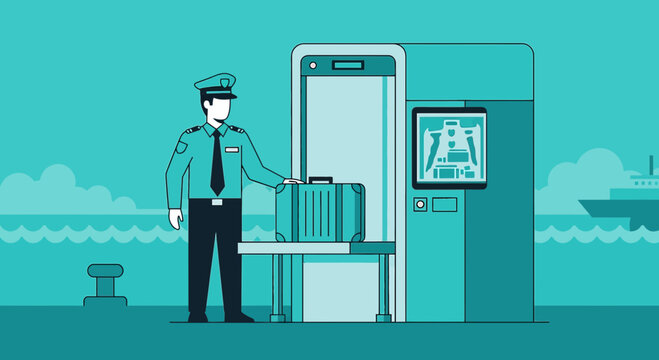 Airport Security Officer Inspecting Luggage at Scan Machine Vector Illustration
